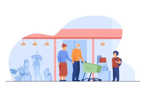 Senior Couple and Kid Shopping in Mall: A Visual Narrative for Modern Design